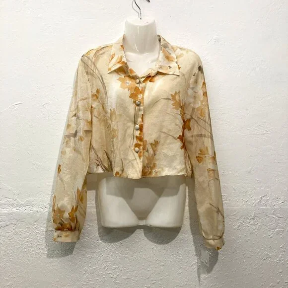 Vintage Y2K BETSY's THINGs Button Down Crop Shirt Top Sheer Floral 14 - Picture 3 of 11